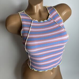 Pretty Garbage Womens Size Small Blue Red Ribbed Striped Lettuce Hem Crop Y2K LA